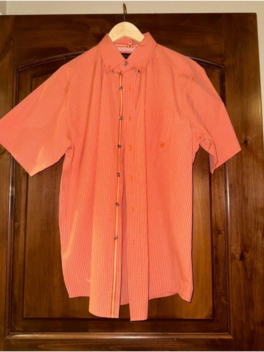 Men's Short-Sleeve Orange Check Button-Down Shirt